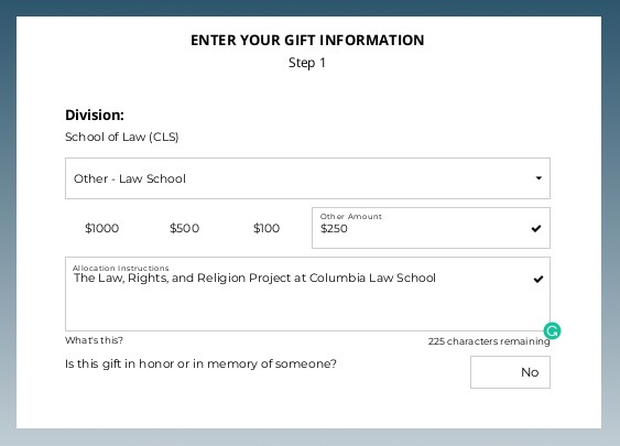 A screen-shot showing how to allocate a gift to the Law, Rights, and Religion Project using the Columbia Law School giving portal