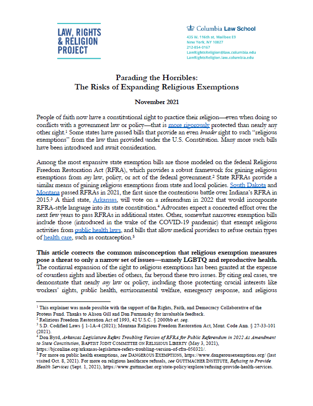Parading the Horribles: The Risks of Expanding Religious Exemptions Image of first page of the policy brief