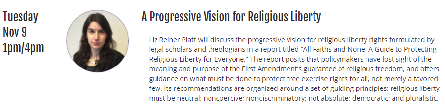Announcement for the event A Progressive Vision for Religious Liberty on November 9th